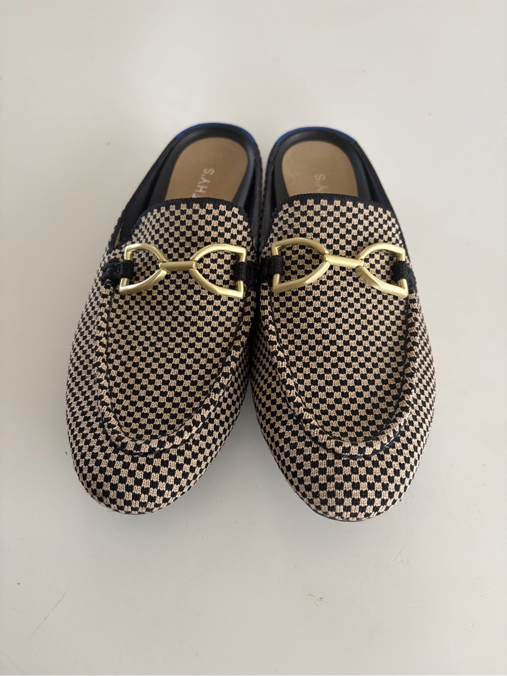 Rothy's Black and Beige Checkered Double Bit Loafer Mules